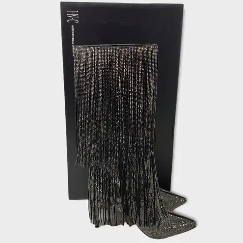 INC International Concepts Is Black and Silver Bling Fringe Heeled Boots Sz 9.5