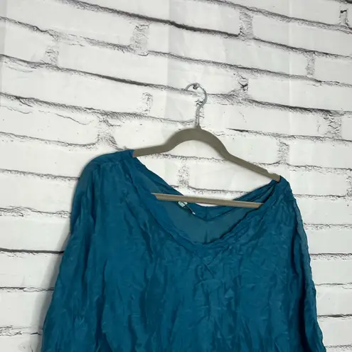 Tempo Paris Teal Crinkle V-Neck Tunic Top Women’s S Boho Oversized Asymmetrical