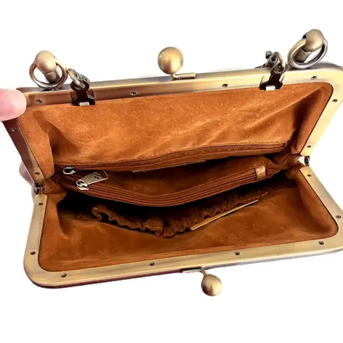 Patricia Nash Tan ‘Novella’ Rose Tooled Leather Frame Convertible Bag in “Tiger”