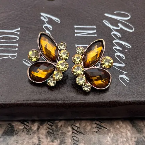 Vintage Amber Topaz Butterfly Earrings • Rhinestone Antique Copper Studs Brown