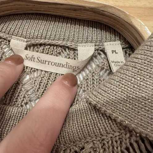 Soft Surroundings Large Petite LP Beige Gold Metallic Open Knit Collared Sweater - Image 4