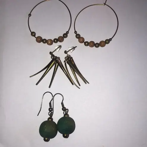 Elegant Bronze and Green Beaded Ball Drop Boho Earring Set Brown