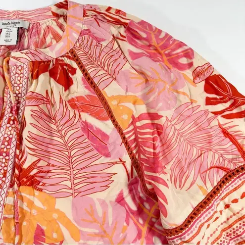 Haute Hippie Size S Tropical Floral Bohemian Peasant Style Blouse With Tassels