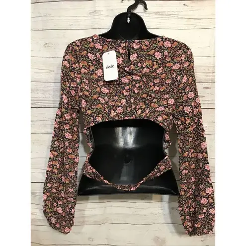 Elodie Navy w/ Pink Floral Open Back Blouse-Size LARGE