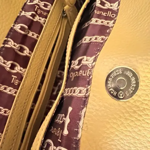 Tignanello Mustard Yellow Small Pebbled Leather Handbag Logo On Silver Buckles
