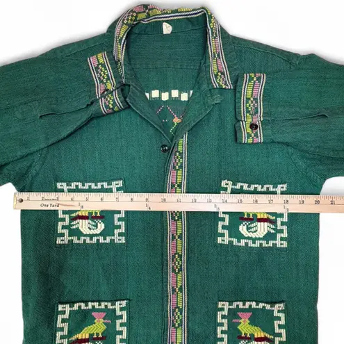 Vtg ‘60s Guatemala Button Up Hemp Shirt Jacket Embroidered Quetzal Bird Unisex Green Size M