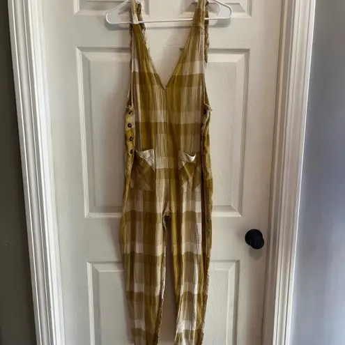 Free People Plaid Jumpsuit Sleeveless Button Up Casual Romper Bohemian Style Yellow Size XS