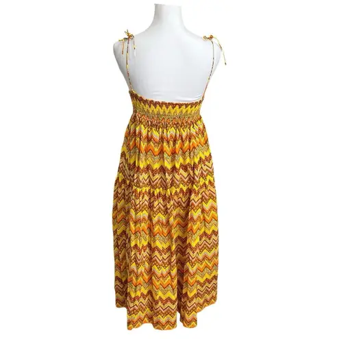SWF Zigzag Midi Dress Women’s Size Small Yellow Smocked Cotton Tie Shoulder