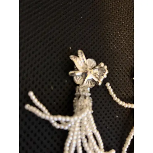 Silver Flower Pearl Tassel Chain Earrings Dangle Drop