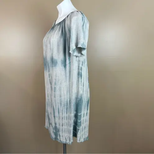 Mono B Tie Dye Off Shoulder Raw Hem Linen Blend Blue Dress Medium Frayed Grunge