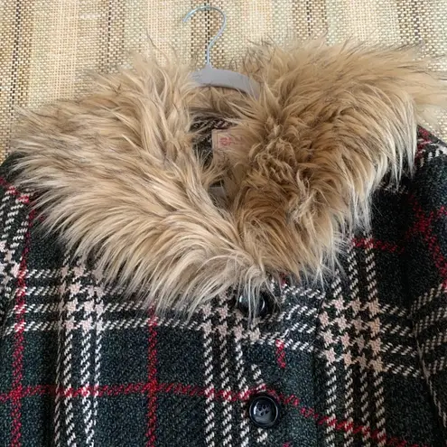 Vintage BANNED Plaid Faux Fur Trim Trench Coat Jacket Chic Fashion Designer Red Size L