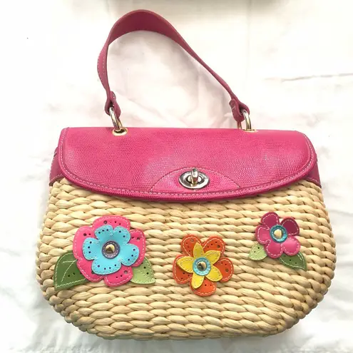 Pink and cream woven straw wicker floral hand bag purse satchel Measurement in pictures