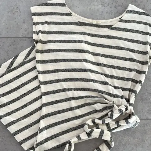 Mystree cap sleeve knee length cinch tie waist cream and gray stripes dress S