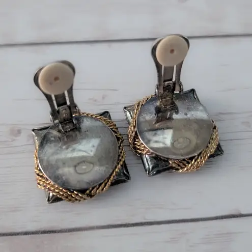 Vintage Clip On Earrings Dark Metal & Gold Tone Statement