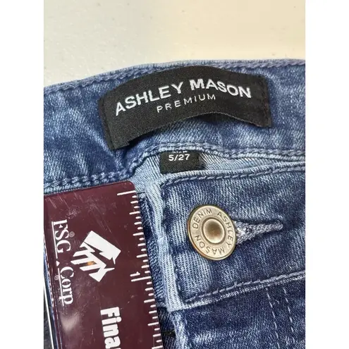 Ashley Mason Premium Embroidered Jeans 5/27 Blue Bell Bottom Flower Frayed Hem