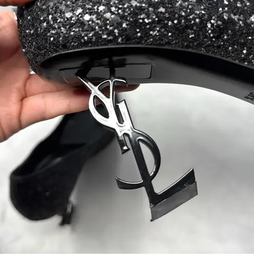 Saint Laurent Opyum Glitter 85 YSL Stiletto Pointed Toe Pumps Heels Black 38.5