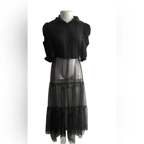 Elegant Long Black Sheer Mesh Sexy Puffy Sleeve Maxi Top M Size M