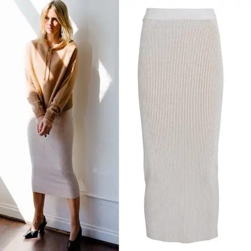 ANINE BING Julian Ribbed Knit Pencil Stretch Fitted Skirt in Ivory Cream
