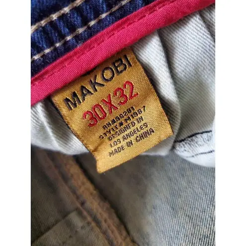 Makobi MK Jeans Men 30x32 Distressed Designer Denim Doberman Dog Logo Jeans Y2K Blue Size 30