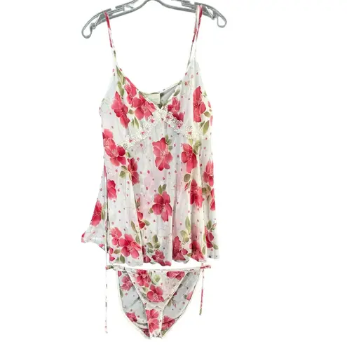 Vintage California Dynasty Lingerie Large Floral Babydoll Slip Dress Panty Set White