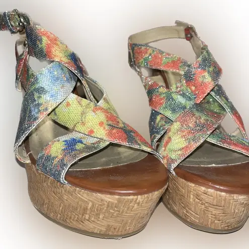 G by Guess Floral Vibrant Glitter Strappy Wedges Platform Shoes - Size 11M