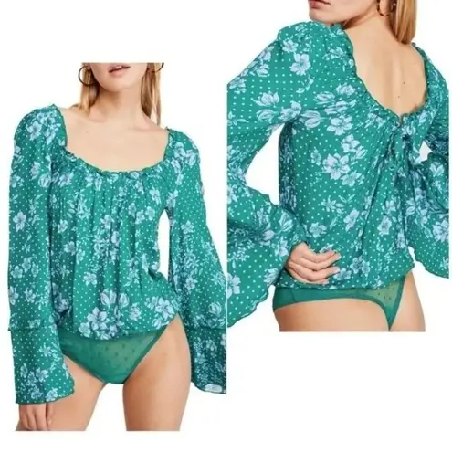 Free People  One on One Flare Sleeve Floral Dot Long Sleeve Bodysuit Green