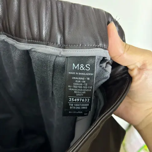 M&S Chocolate Brown Faux Leather Wide Leg Pants Women's Size 12 Regular