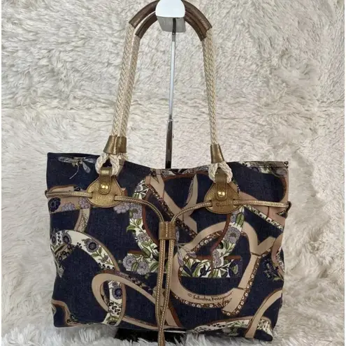 Salvatore Ferragamo Vintage Floral BOHO Printed Gancini 30 Denim Shoulder Bag