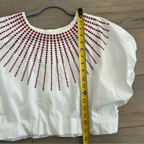 Queen of Sparkles White Puffed Sleeve Red Rhinestone Sunburst Sparkle Top S