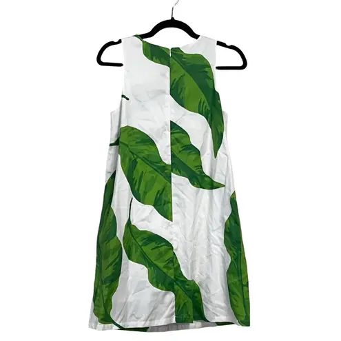 KATIE KIME Banana Leaves Tropical Printed White Green Mini Sheath Dress Sz 2