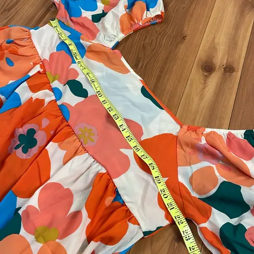 Boutique BiBi Floral Puff Sleeve Square Neck Babydoll Mini Dress XL Retro Style 70s New