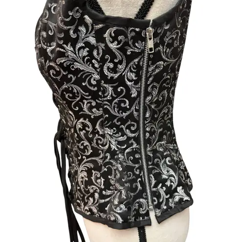 Steel boned Corset Queens sz 30 lace up side zip Black Silver Brocade slimming