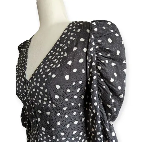 Rebecca Taylor Rouched Silk Black and White Polka Dot Print Midi Formal Dress