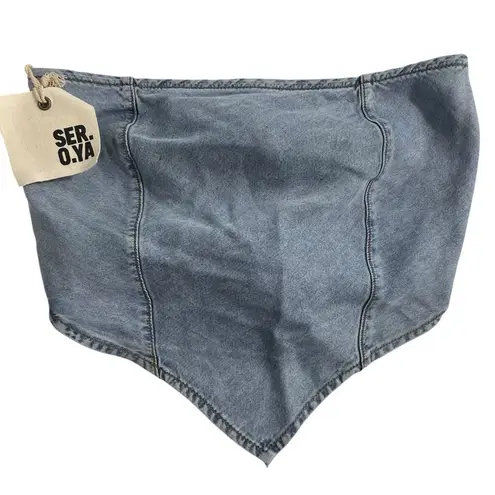 NWT SER.O.YA Tate Denim Top in Coastline Blue Wash Sz MEDIUM Strapless Tie Back