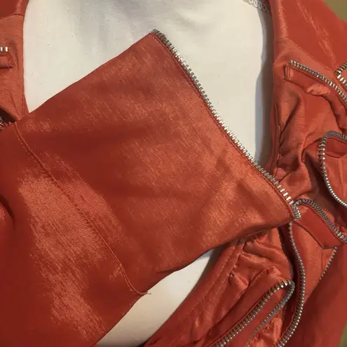 Jerry T Orange Satin Ruffle Zip Collar Belted Blazer Jacket Women's Size Large