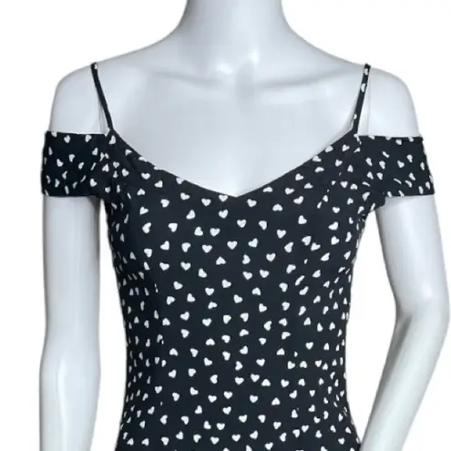 Yumi Kim Dress Womens XS Fit & Flare Black White Heart Print Off Shoulder Preppy