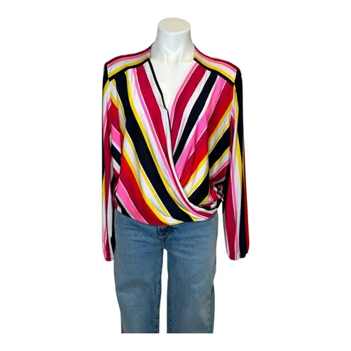 NYGARD Stripe Multicolor Long Sleeve Blouse Red Pink Yellow Size Large