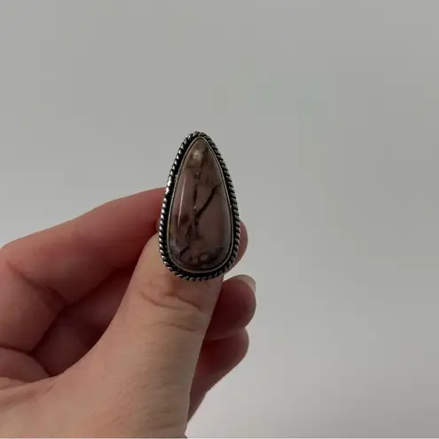 Handmade 925 Peruvian Pink Opal Teardrop Ring 7 1/4