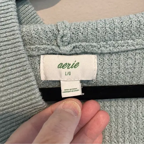 Aerie  Green V-Neck Waffle Knit Oversized Chunky Hoodie Sweatshirt Size Large