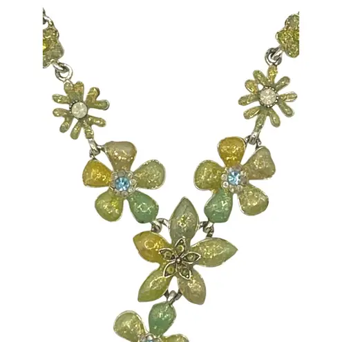 Avon Green Yellow Flower Necklace & Earrings Set Enamel Crystal Bead Vintage
