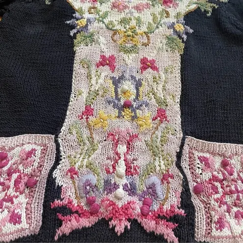Vintage Jennifer Reed Floral Sweater Hand Knit Sz M black cream