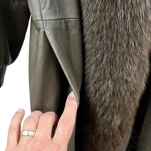 Handmade Brown Lambskin Leather Swing Stroller Brown Fox Tuxedo Front Collar