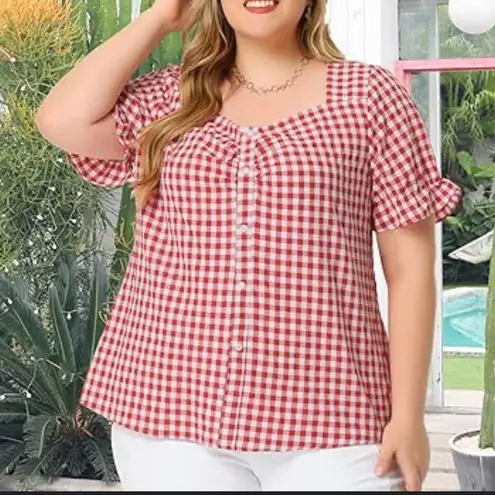 Agnes Orinda Women's 3X Gingham Tops Sweetheart Neck Blouse Red