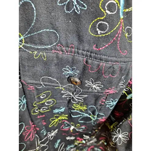 CJ Banks Embroidered Floral Button Down Shirt Jacket Long Sleeve 2X Black Size XXL