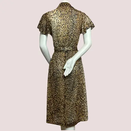 Vintage Sheer Leopard Print Dress Flutter Sleeves Animal Jungle 80s Collar Midi Size XS