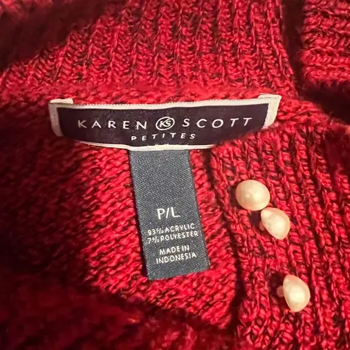 Karen Scott Red Cable Knit Pearl Button Sweater Petite Large Pullover