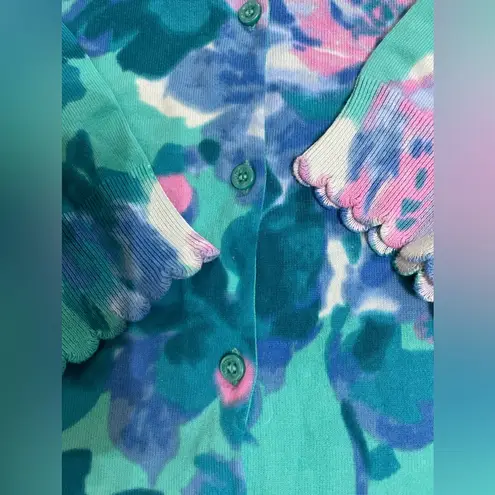 Isaac Mizrahi Issac Mizrahi blue watercolor scalloped floral 3/4 sleeve button up cardigan L