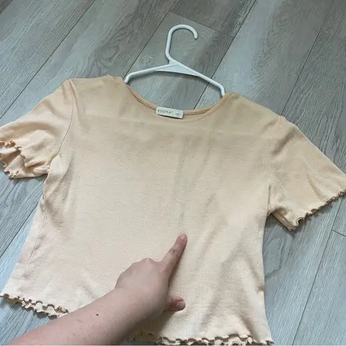 Kookai Crop Top lettuce trim ribbed womens Peach (small) minimalist casual chic