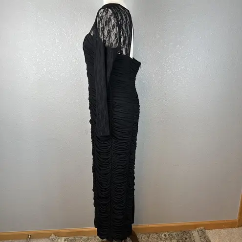 Vicky Tiel Womens Long Sheer Lace Sleeve Ruched Column Gown XL Long Dress Black