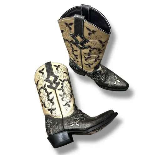J.B. Dillon Calf Pointed Toe Black Gold Cowhide Leather Western Cowboy Boots 7.5